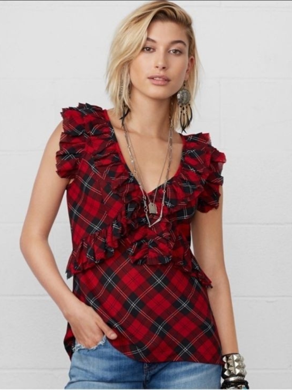 Ralph Lauren Denim & Supply Red Tartan Plaid Sleeveless Ruffle Top